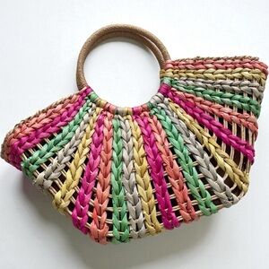 Straw Studios Woven Raffia Rainbow Striped Beach Circular Zip Basket Handbag